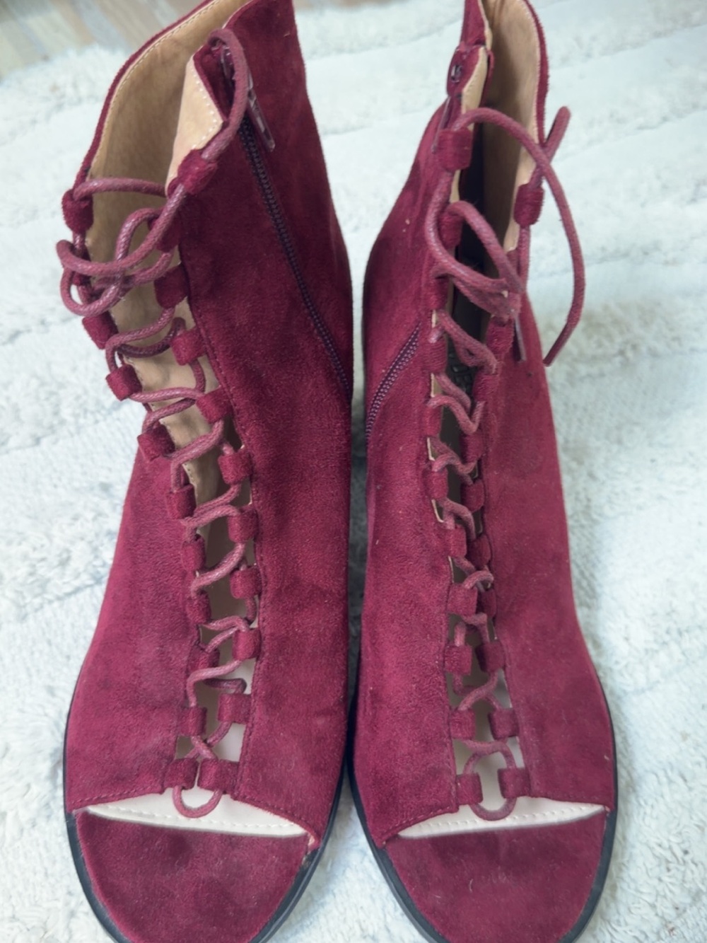 Public Desire Burgundy Suede Lace-Up Peep Toe Ankle Booties